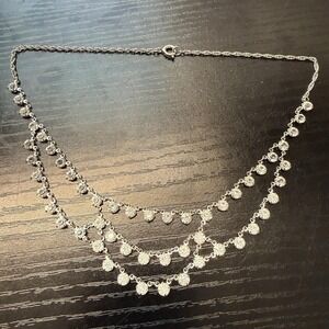 Vintage Clear Crystal Open Back Prong Set Festoon Necklace 15" Rhodium Plated
